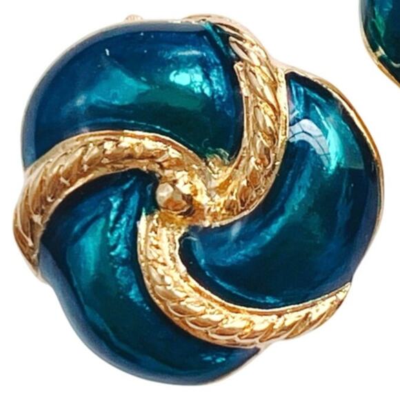Vintage Signed Earrings Trifari Peacock Blue Enamel Gold Tone Knot Stud Posts - Picture 9 of 10